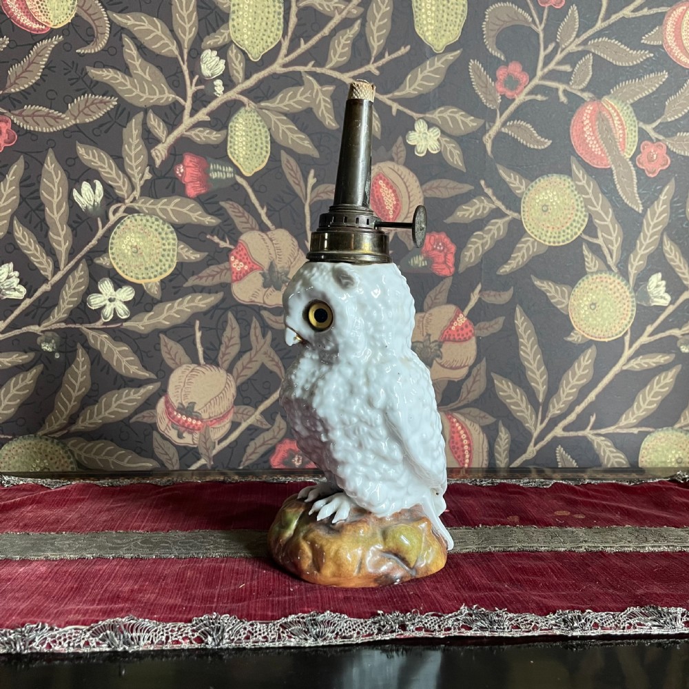 A Continental Porcelain Glass Eyed Owl Oil Lamp View V