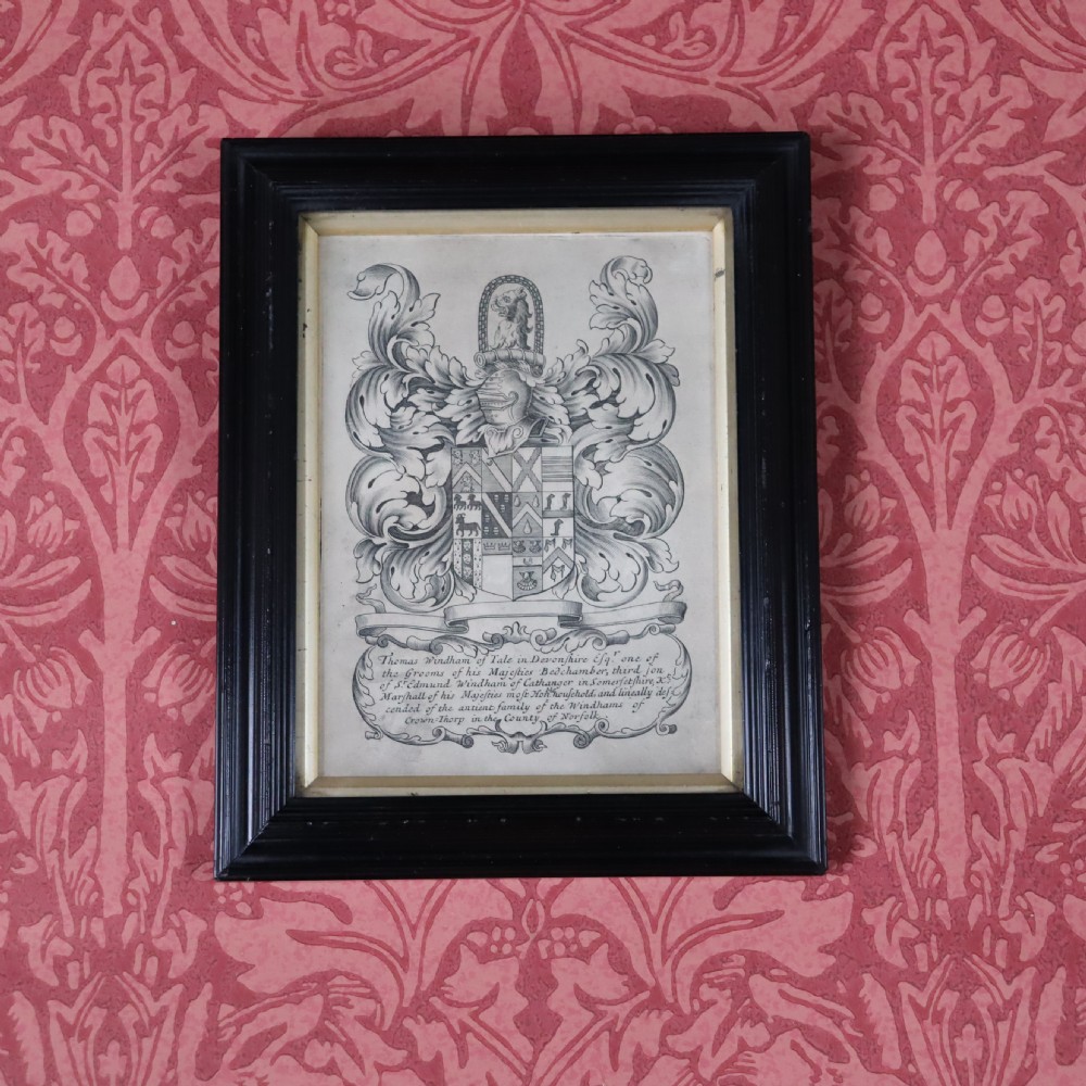 18th Century Coat of Arms of Thomas Windham inscribed with the family history