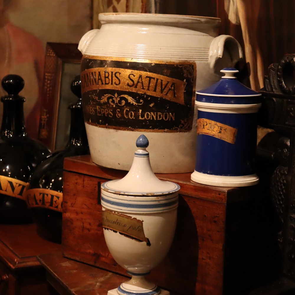 Apothecary pottery jar with gilt label 'Cannabis Sativa’  View IV