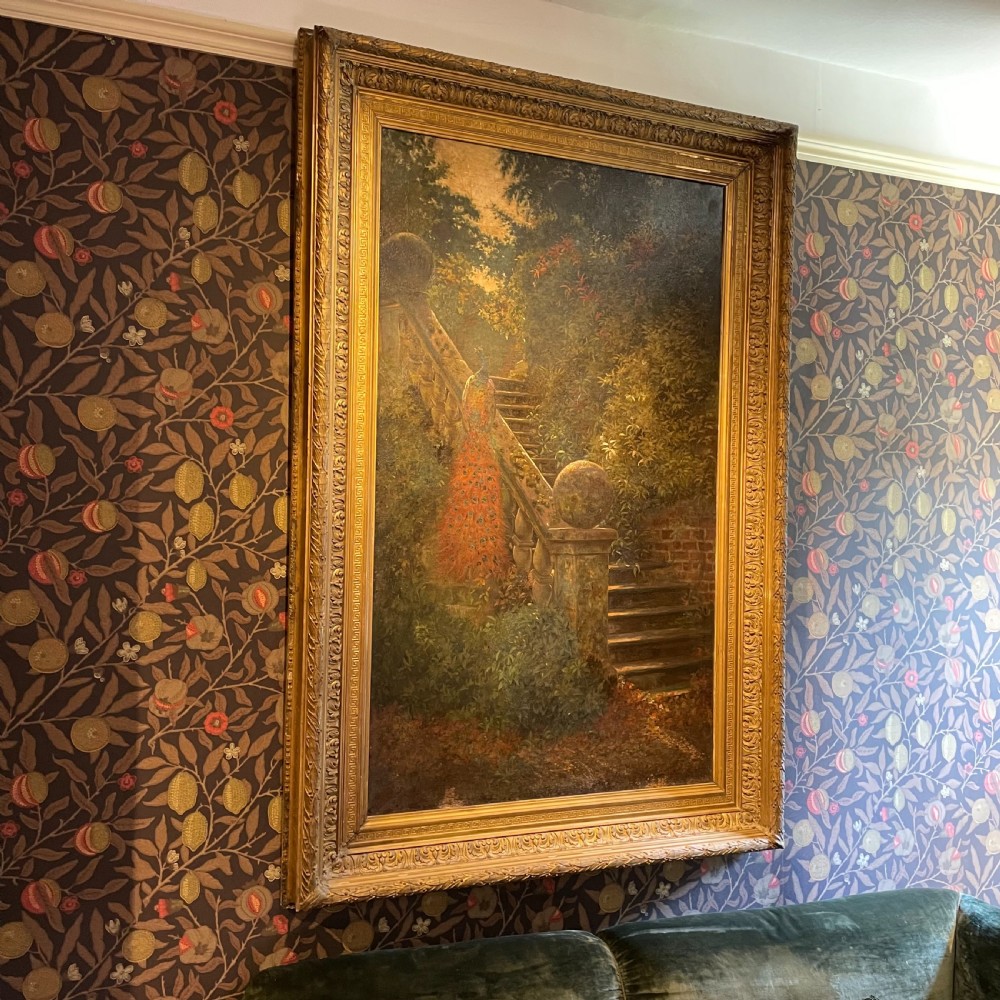Large Victorian Oil on Canvas “Peacock in Country House Garden”