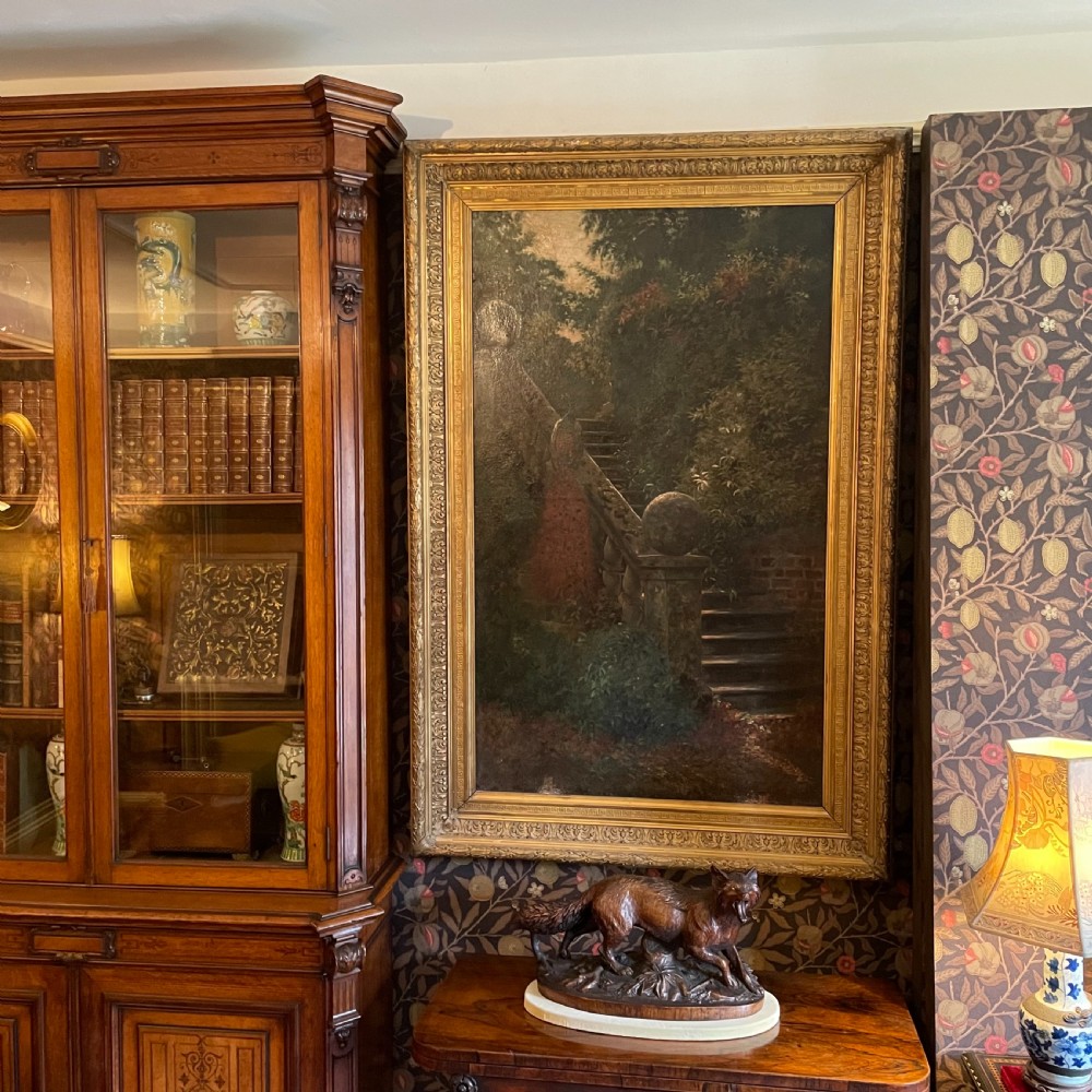 Large Victorian Oil on Canvas “Peacock in Country House Garden” View II