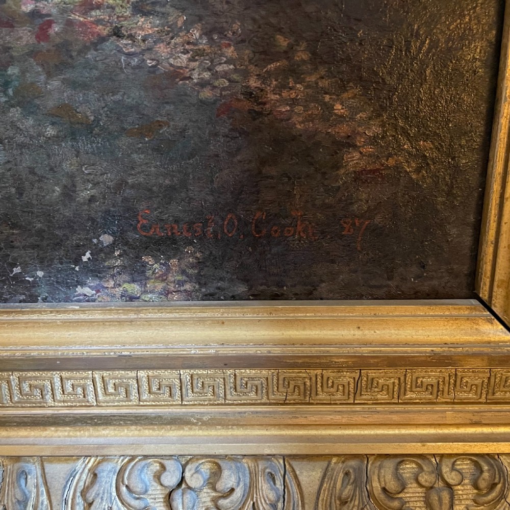 Large Victorian Oil on Canvas “Peacock in Country House Garden” View III