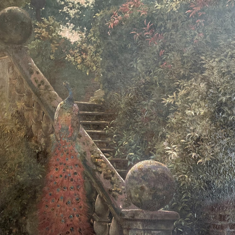 Large Victorian Oil on Canvas “Peacock in Country House Garden” View V