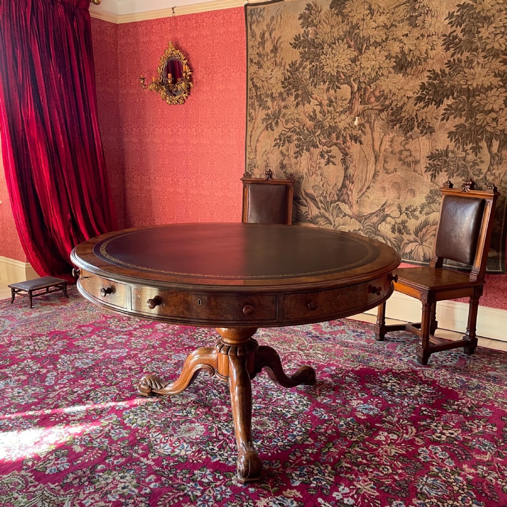 Mid-Victorian Figured Walnut Drum Table by Gillows of Lancaster