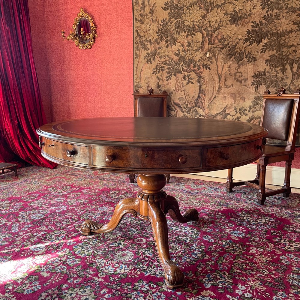 Mid-Victorian Figured Walnut Drum Table by Gillows of Lancaster View V