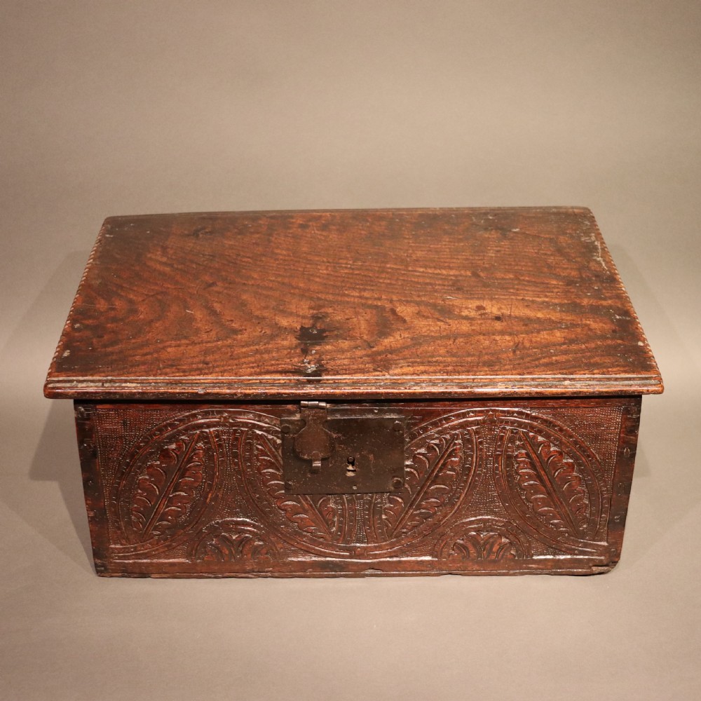 English17th Century Carved Oak Bible Box  View V