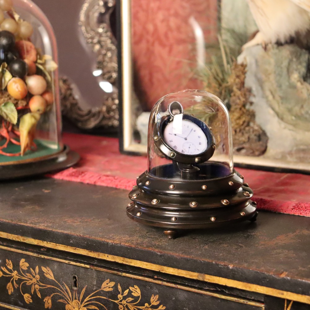Glass dome on ebonised base Pocket watch holder View II