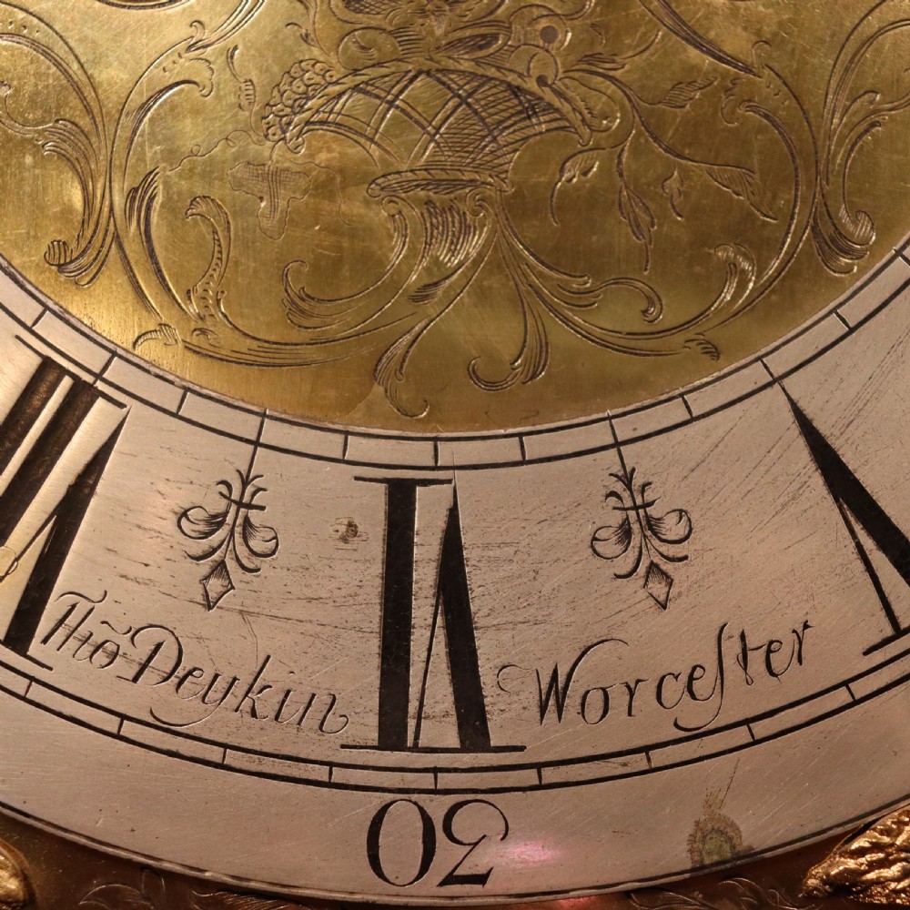 Lacquered longcase clock by Thomas Deykin of Worcester. Circa 1710 View V