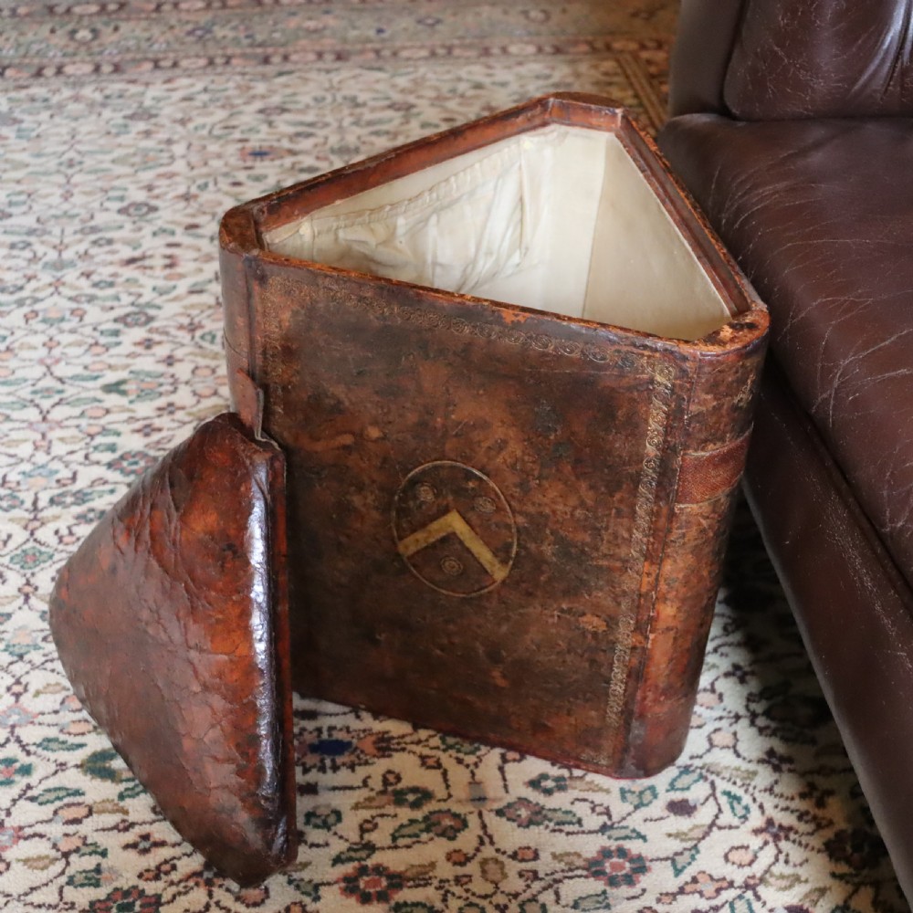 Victorian Book stool with embossed armorial and leather seat View II