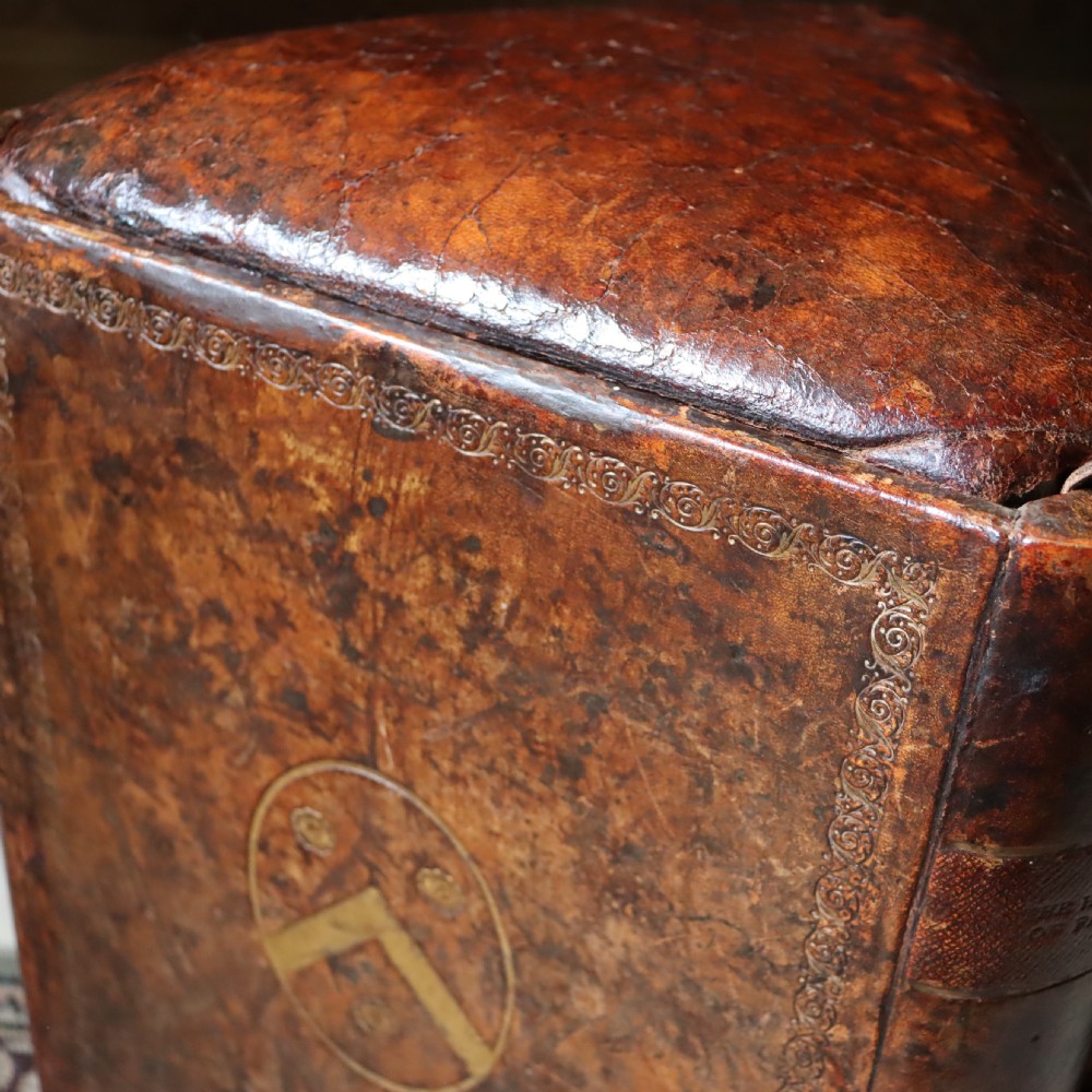 Victorian Book stool with embossed armorial and leather seat View VII