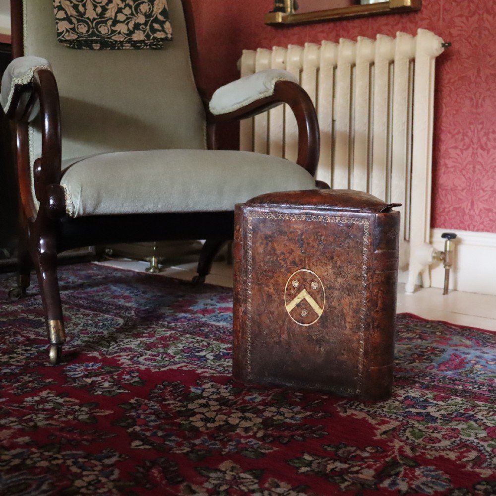Victorian Book stool with embossed armorial and leather seat View VIII