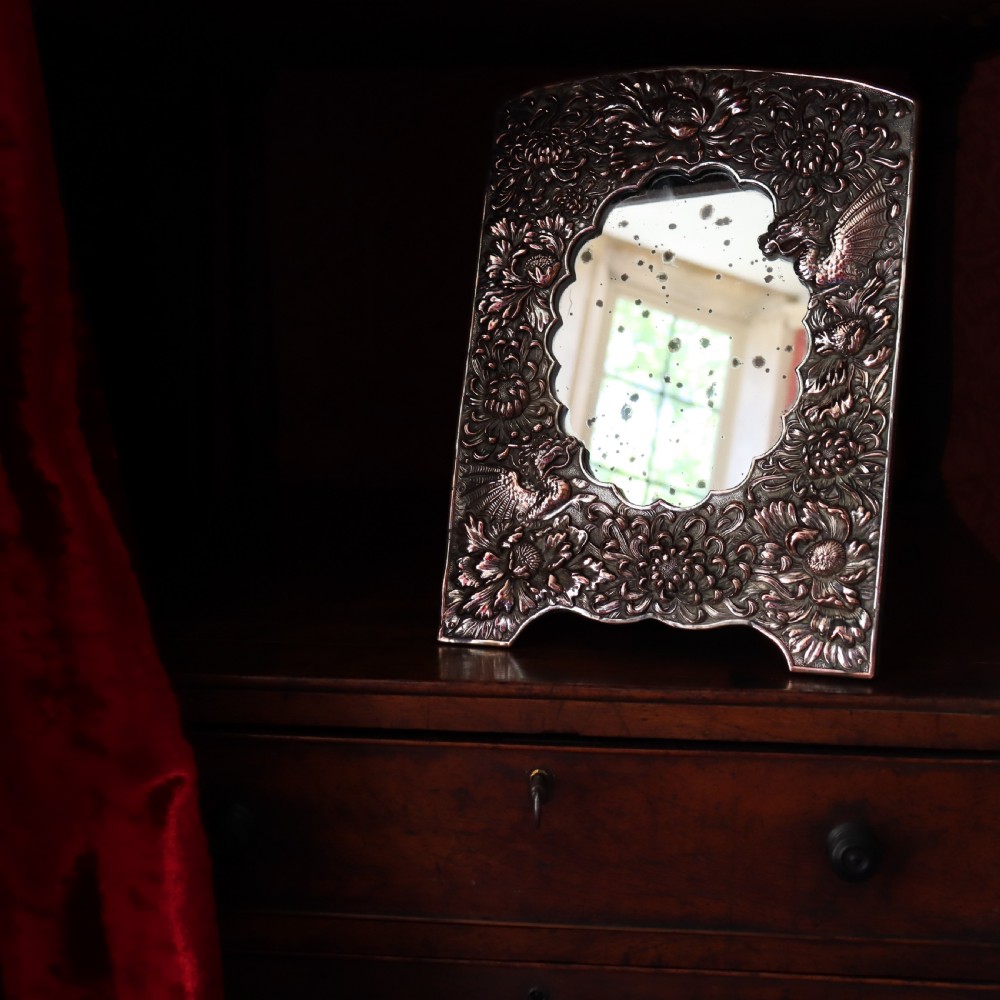 19th Century free standing Chinese repousse copper and silver plated mirror  View II