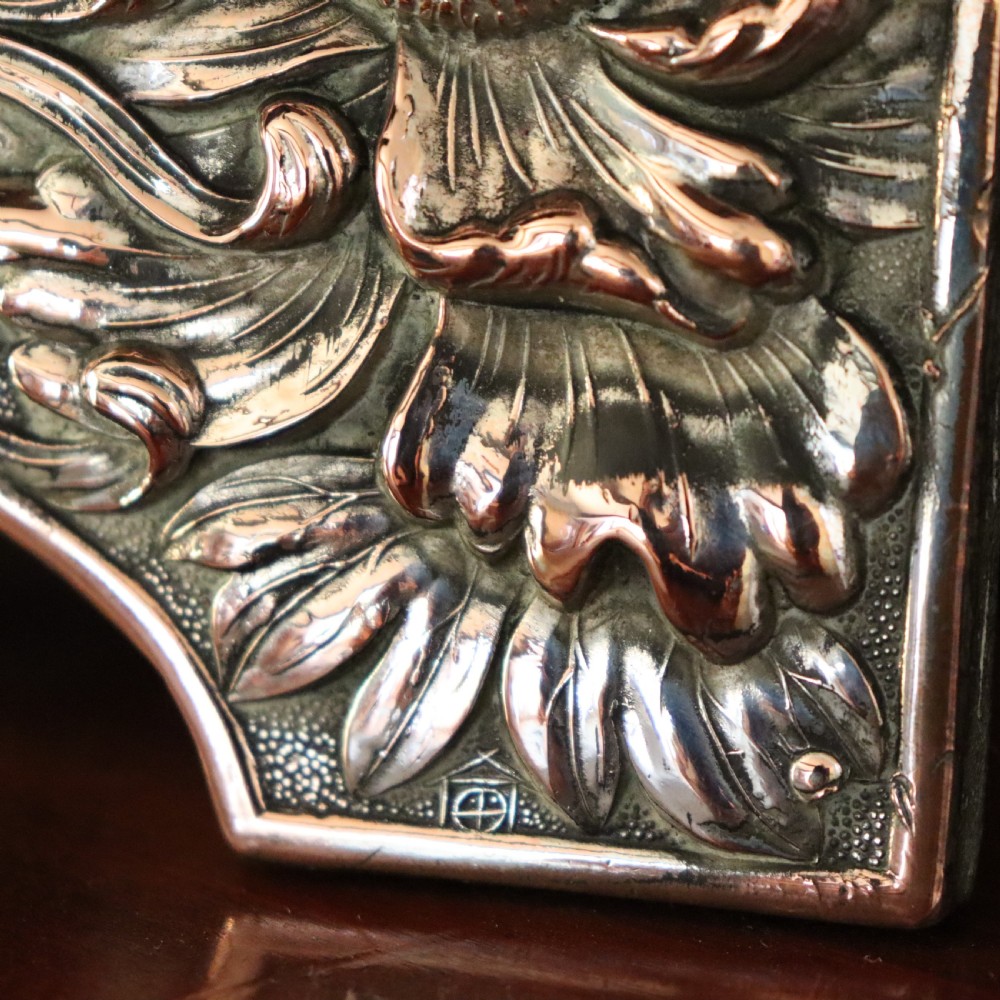 19th Century free standing Chinese repousse copper and silver plated mirror  View V