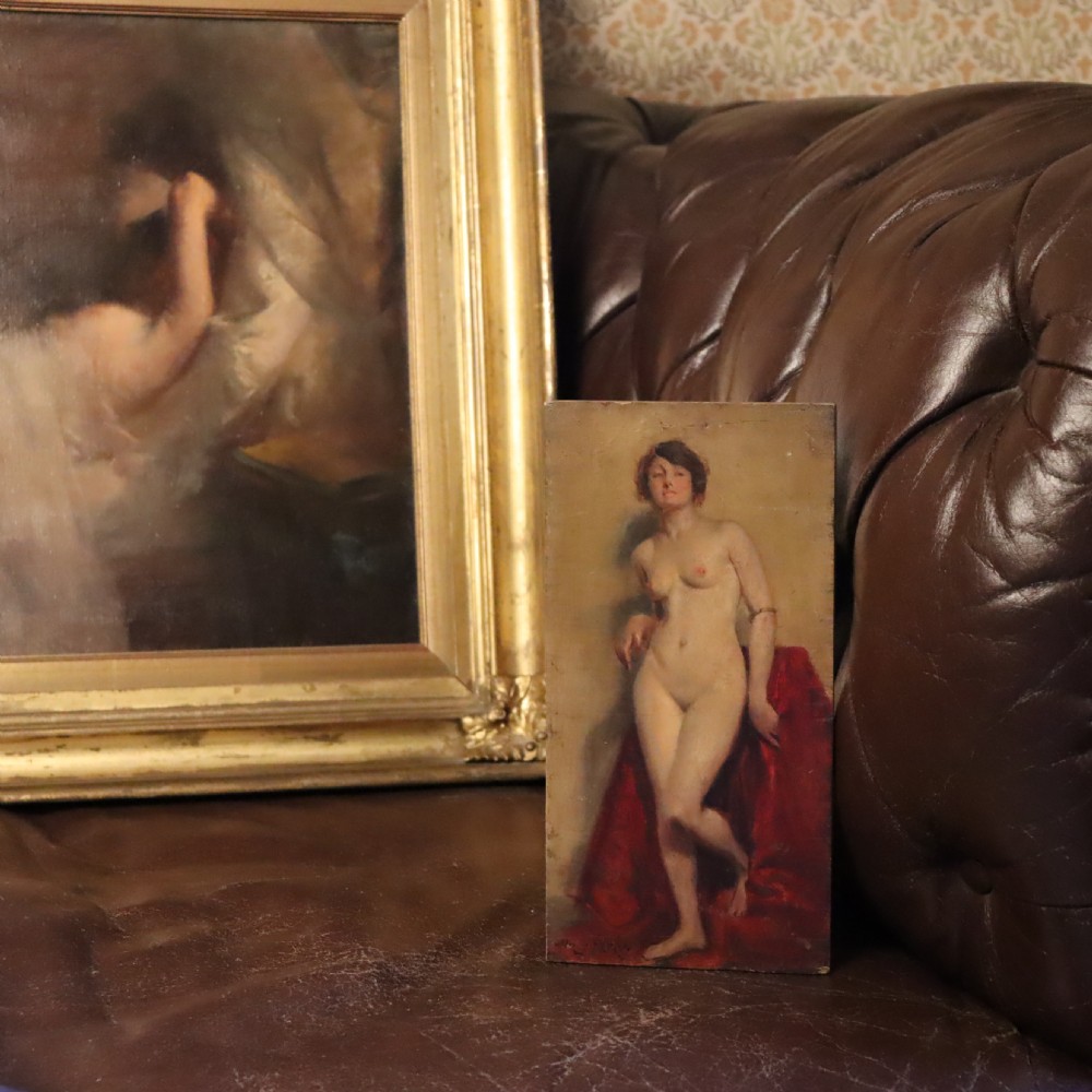 A small Henry James Haley signed oil painting on board of a standing nude lady View VI