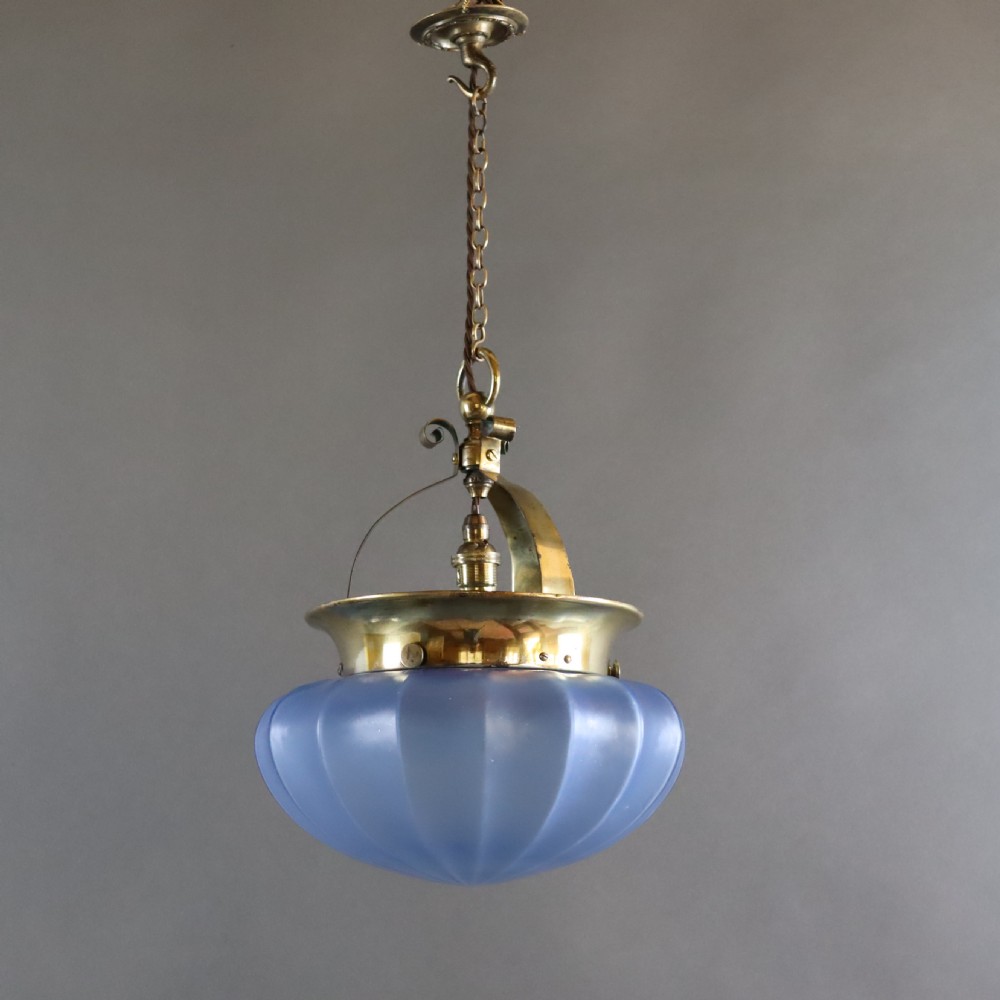Arts & Crafts ceiling light with remarkable Blue shade. Circa 1910