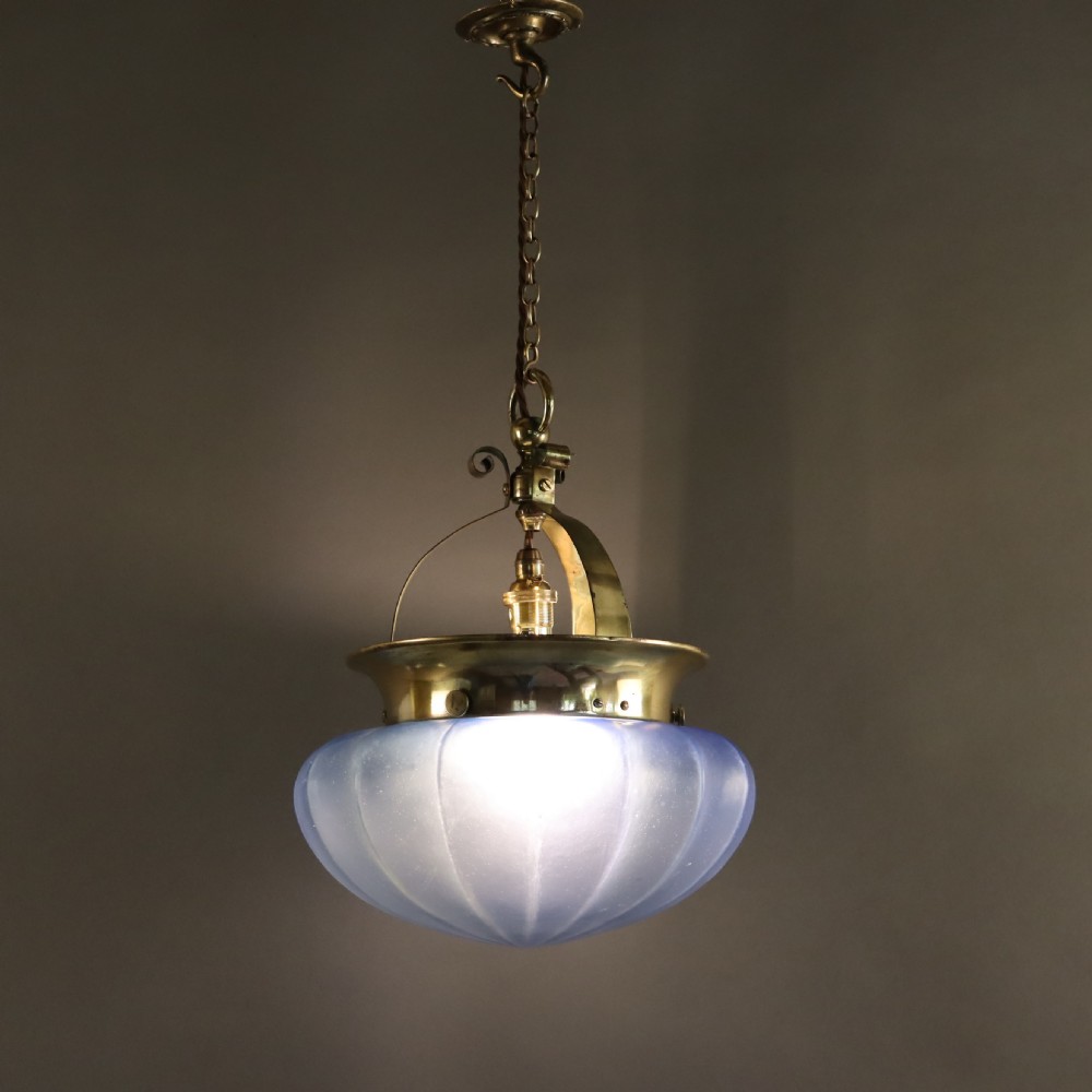 Arts & Crafts ceiling light with remarkable Blue shade. Circa 1910 View II