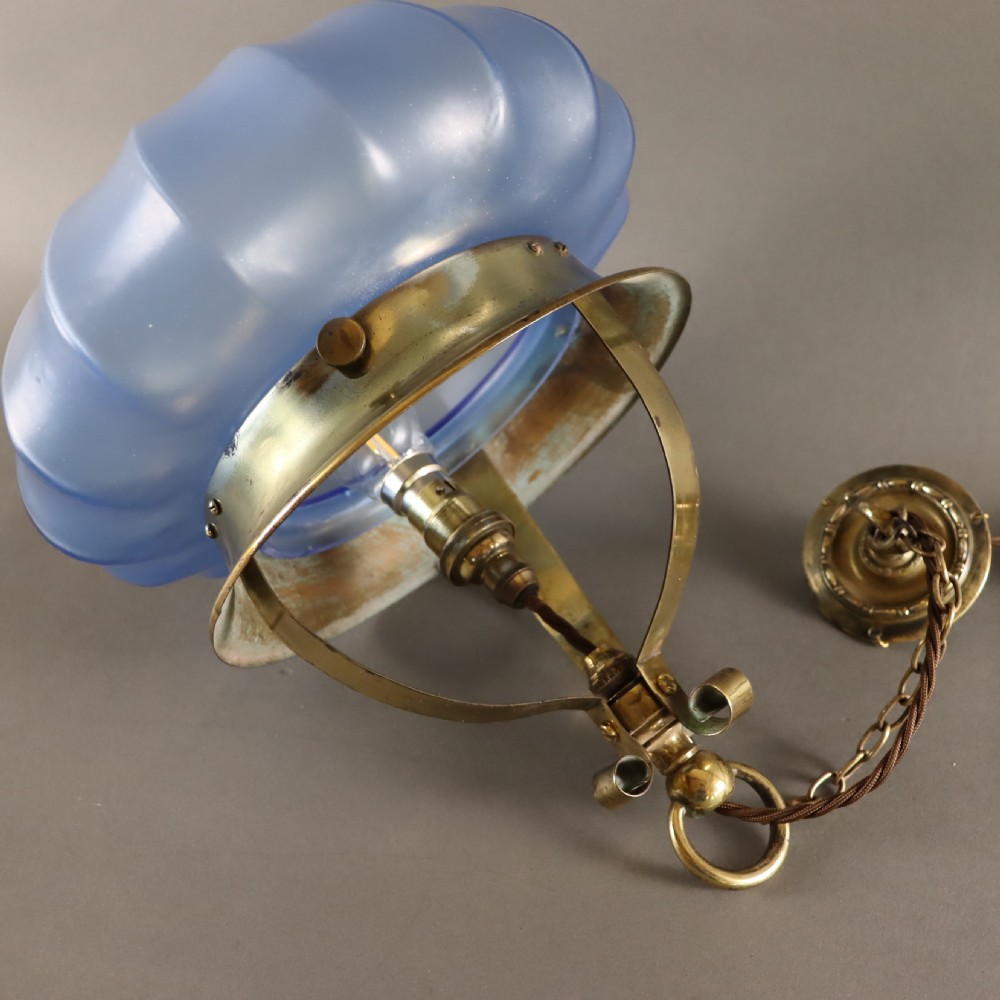 Arts & Crafts ceiling light with remarkable Blue shade. Circa 1910 View III