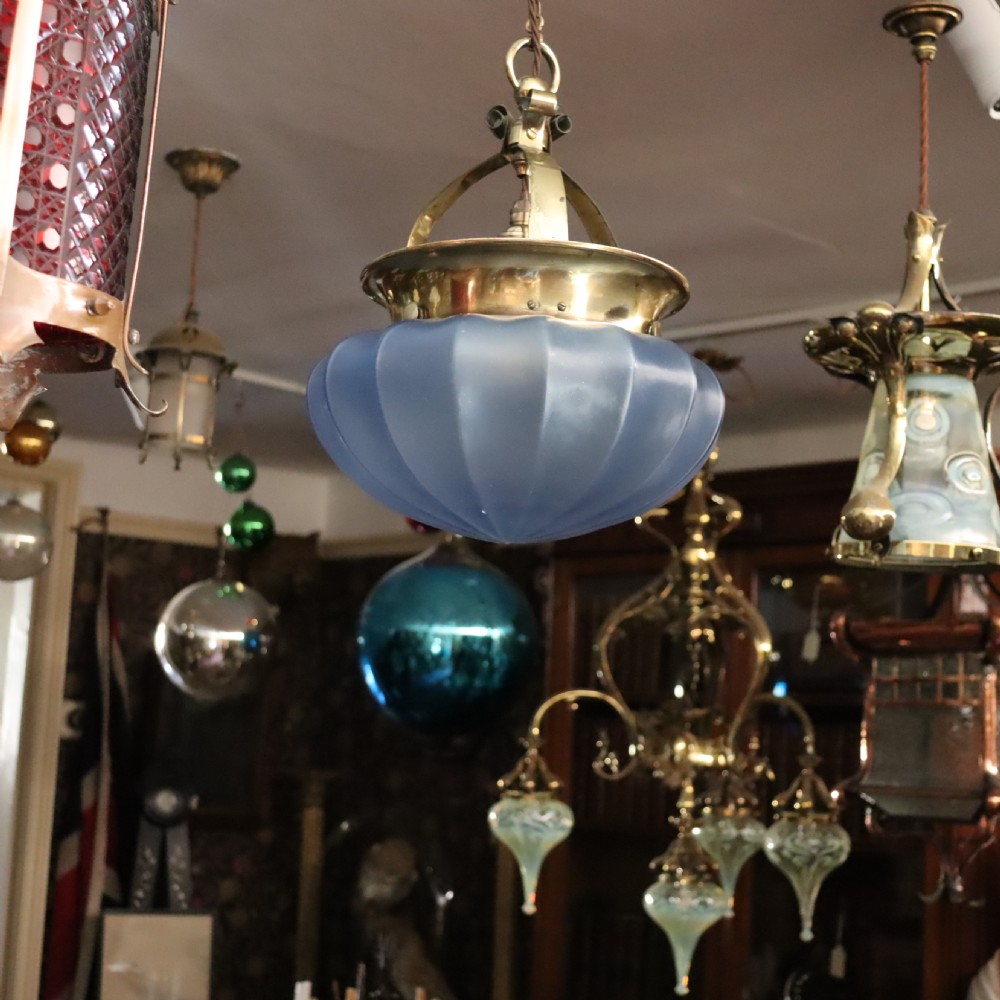 Arts & Crafts ceiling light with remarkable Blue shade. Circa 1910 View VI