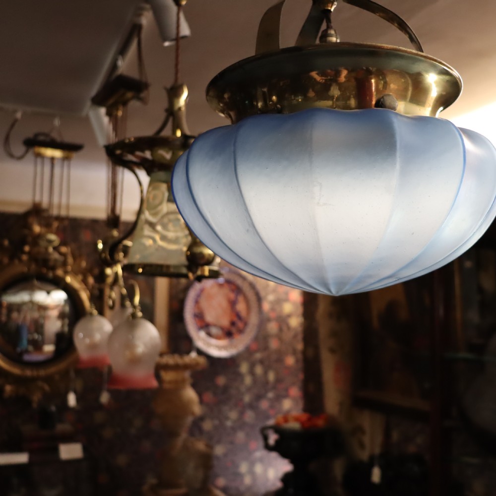 Arts & Crafts ceiling light with remarkable Blue shade. Circa 1910 View VII