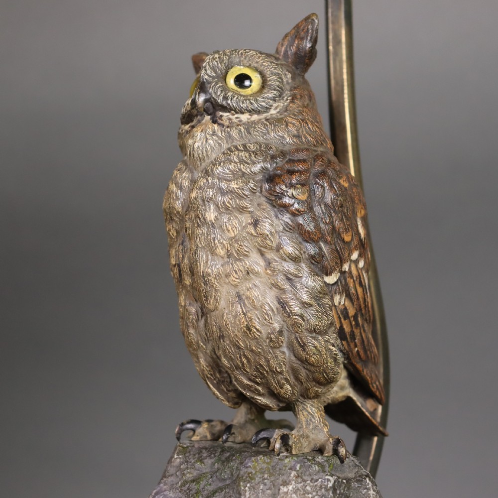 Austrian cold painted bronze – Long Eared Owl table lamp, by Bergman. Circa 1910 View V