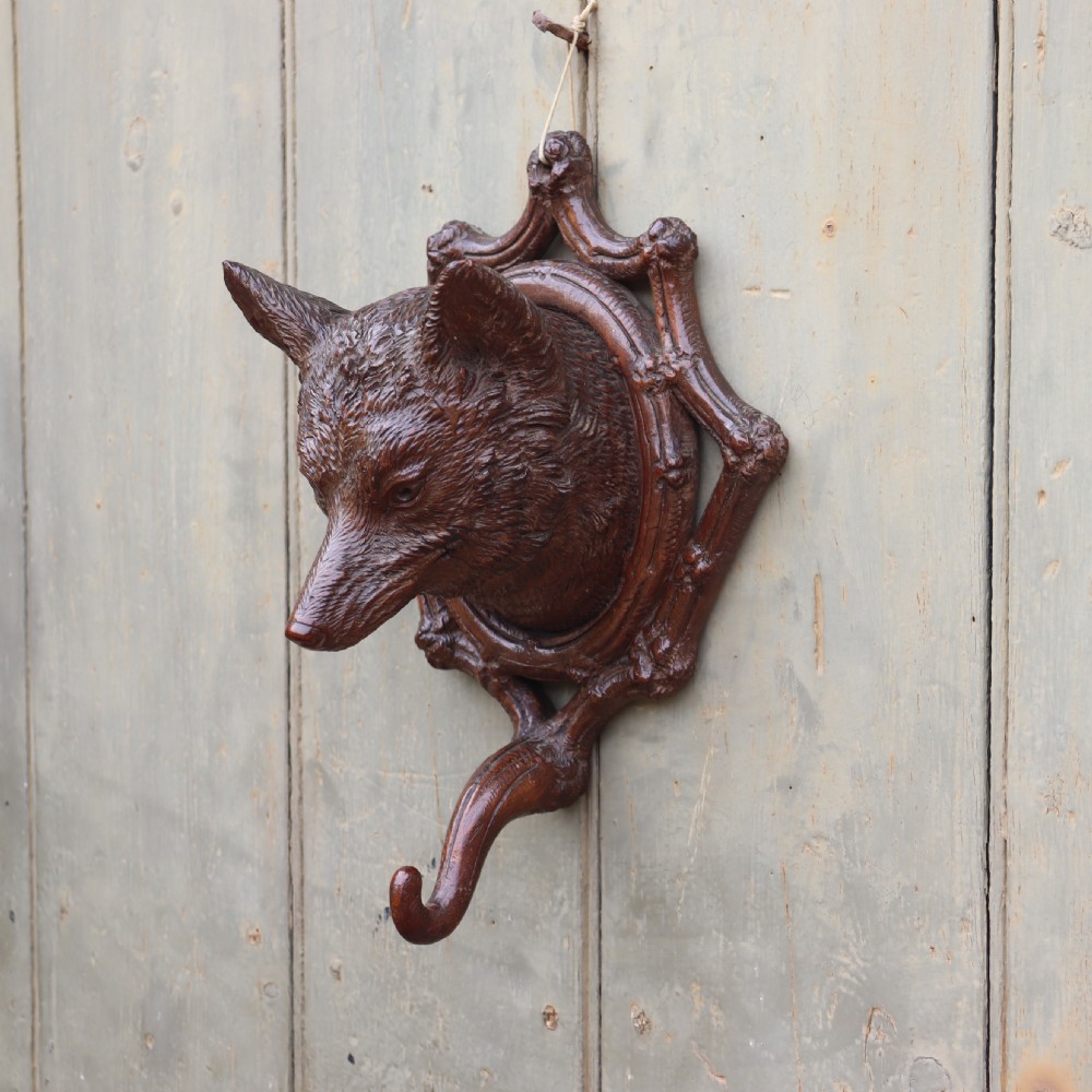 Black Forest carved wood fox mask wall-mounted hat or coat hook. 1915 View V