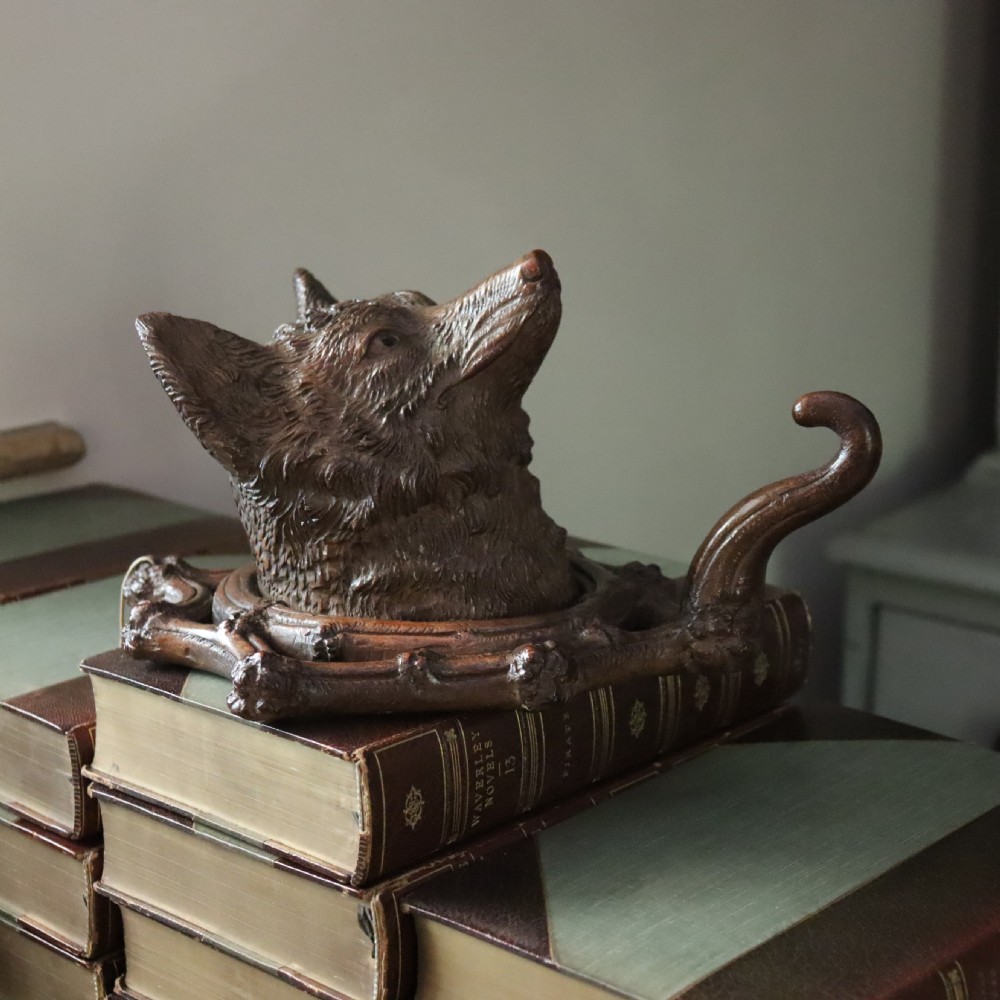 Black Forest carved wood fox mask wall-mounted hat or coat hook. 1915 View X