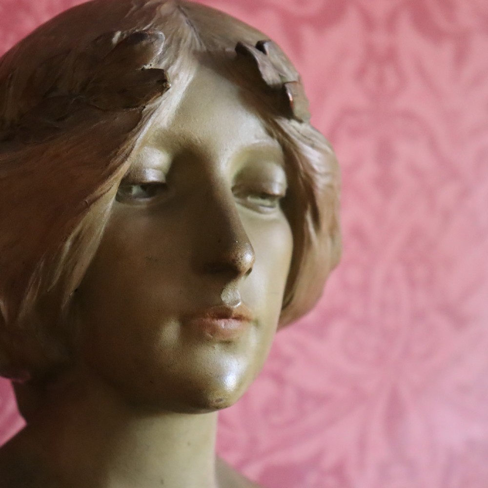 Art Nouveau terracotta bust ‘Inspiration’ by Lambert Escaler  View II