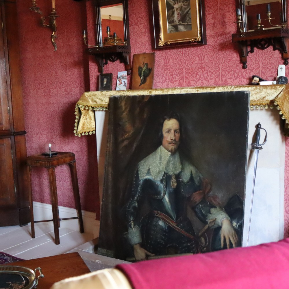 A 19th-century oil portrait depicting a nobleman in dark steel armour with a intricate lace collar holding a command baton, painted after Sir Anthony van Dyck. View III