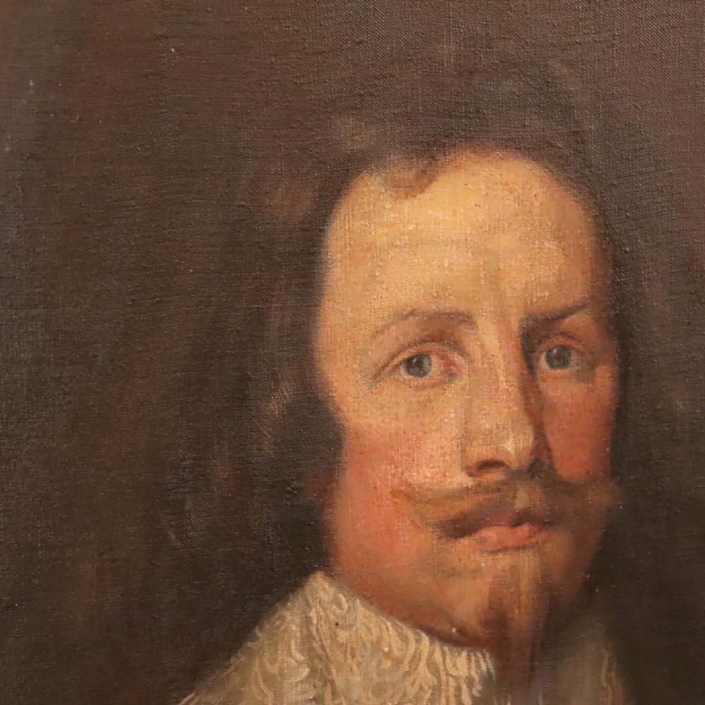 A 19th-century oil portrait depicting a nobleman in dark steel armour with a intricate lace collar holding a command baton, painted after Sir Anthony van Dyck. View IV
