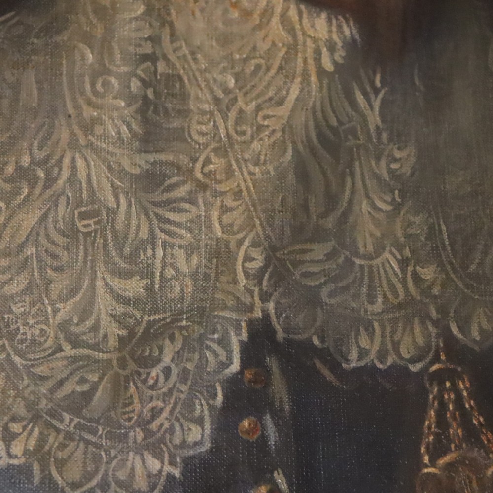 A 19th-century oil portrait depicting a nobleman in dark steel armour with a intricate lace collar holding a command baton, painted after Sir Anthony van Dyck. View V