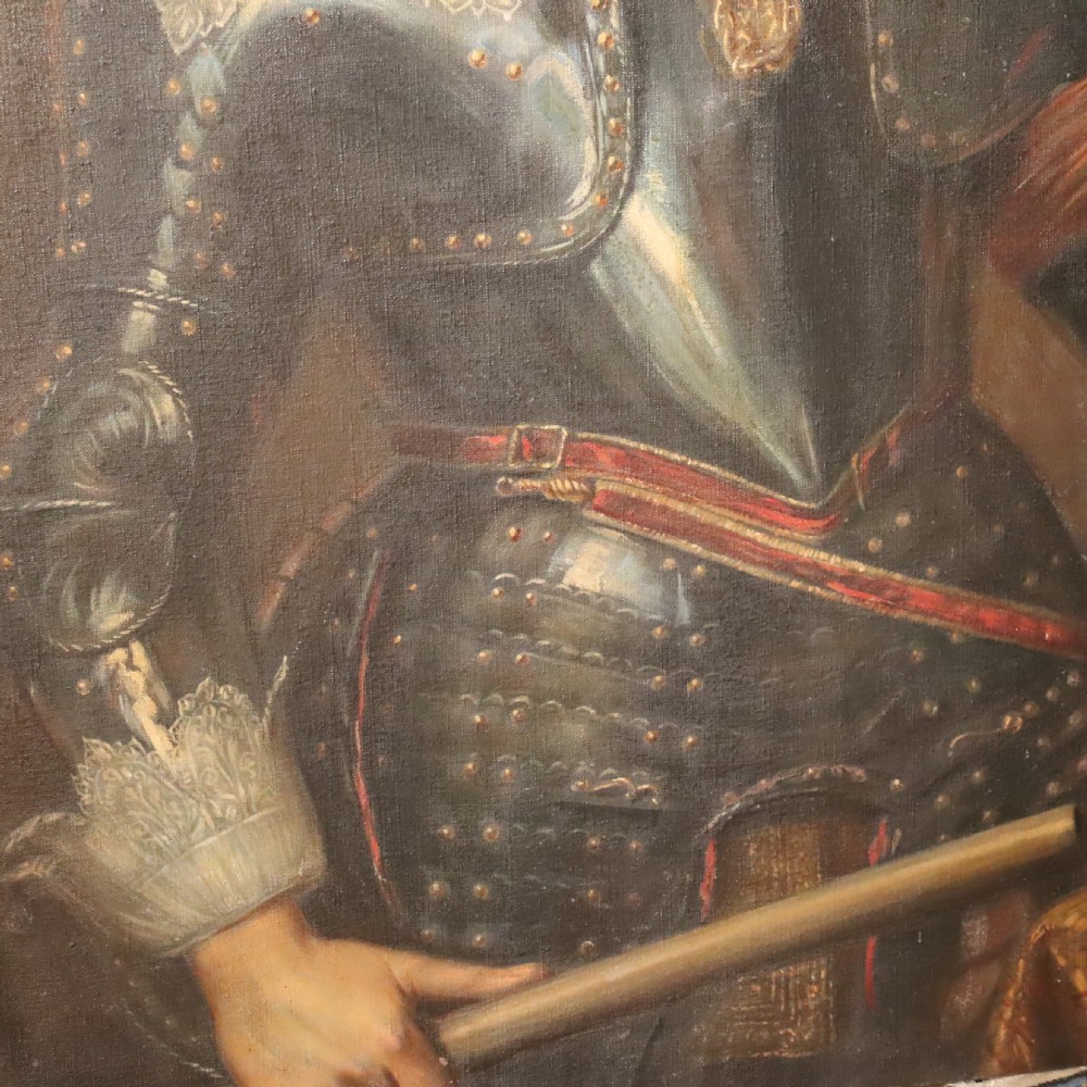 A 19th-century oil portrait depicting a nobleman in dark steel armour with a intricate lace collar holding a command baton, painted after Sir Anthony van Dyck. View VI