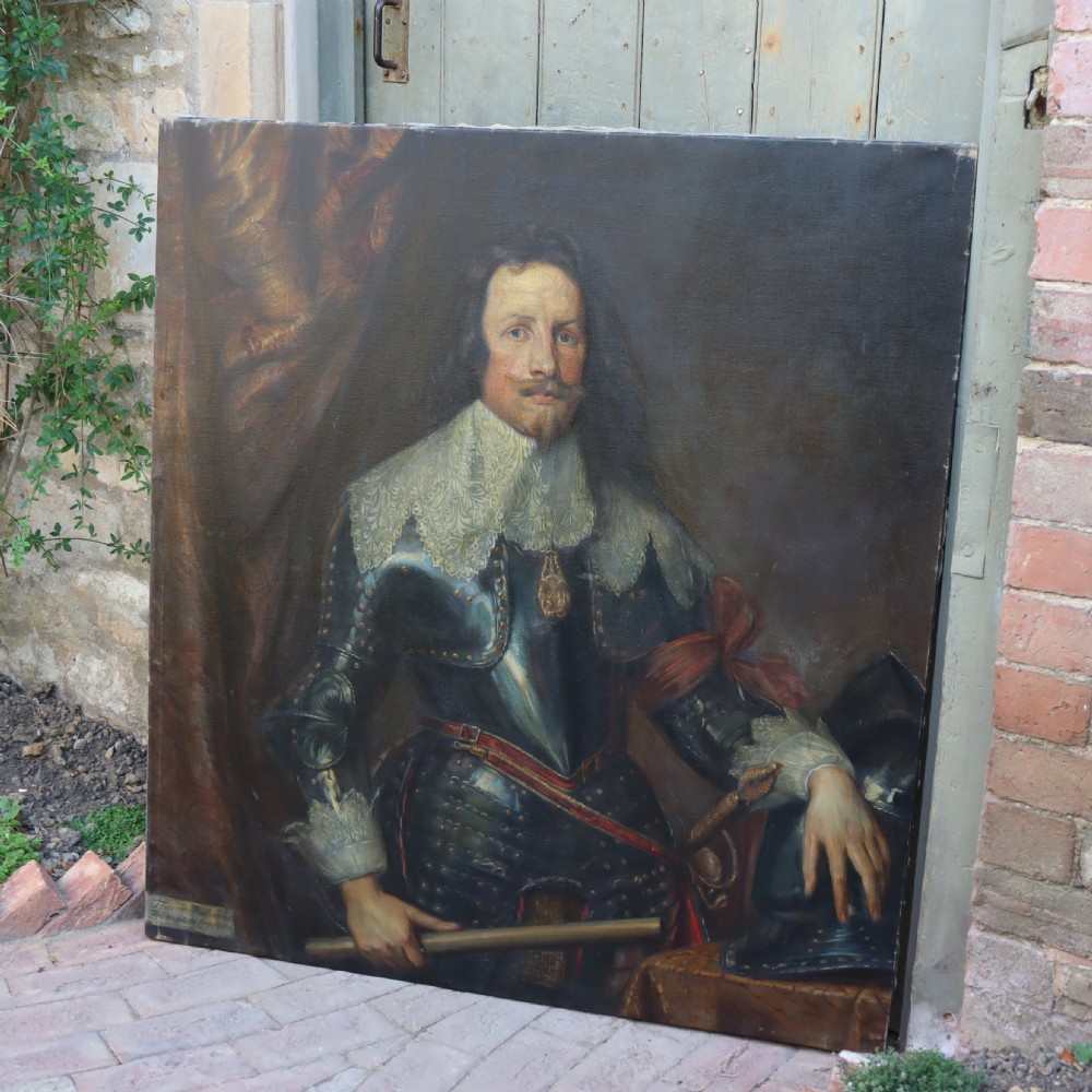 A 19th-century oil portrait depicting a nobleman in dark steel armour with a intricate lace collar holding a command baton, painted after Sir Anthony van Dyck. View X