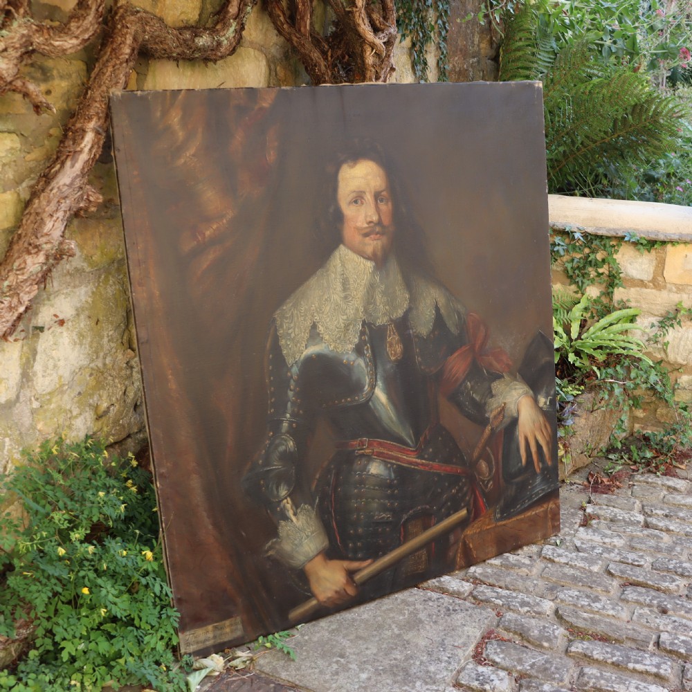 A 19th-century oil portrait depicting a nobleman in dark steel armour with a intricate lace collar holding a command baton, painted after Sir Anthony van Dyck. View XI