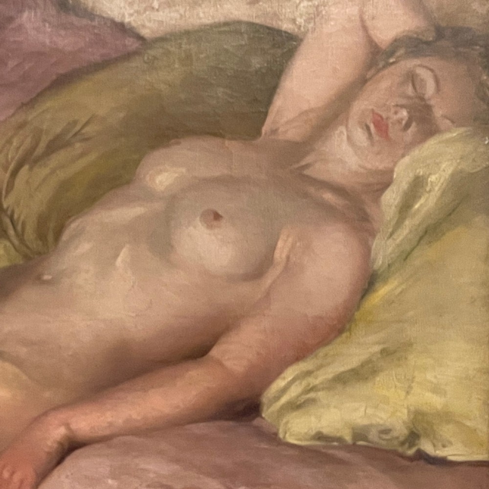 A framed oil painting on canvas depicting a reclining female figure resting on muted pink and olive yellow cushions. View II