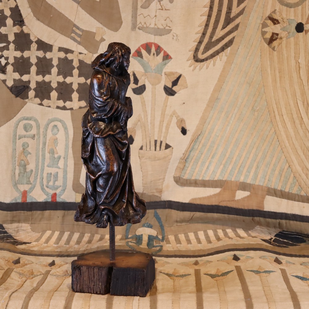 17th Century Carved Oak Figure in hooded cloak  View II