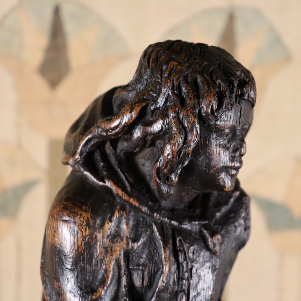 17th Century Carved Oak Figure in hooded cloak  View III