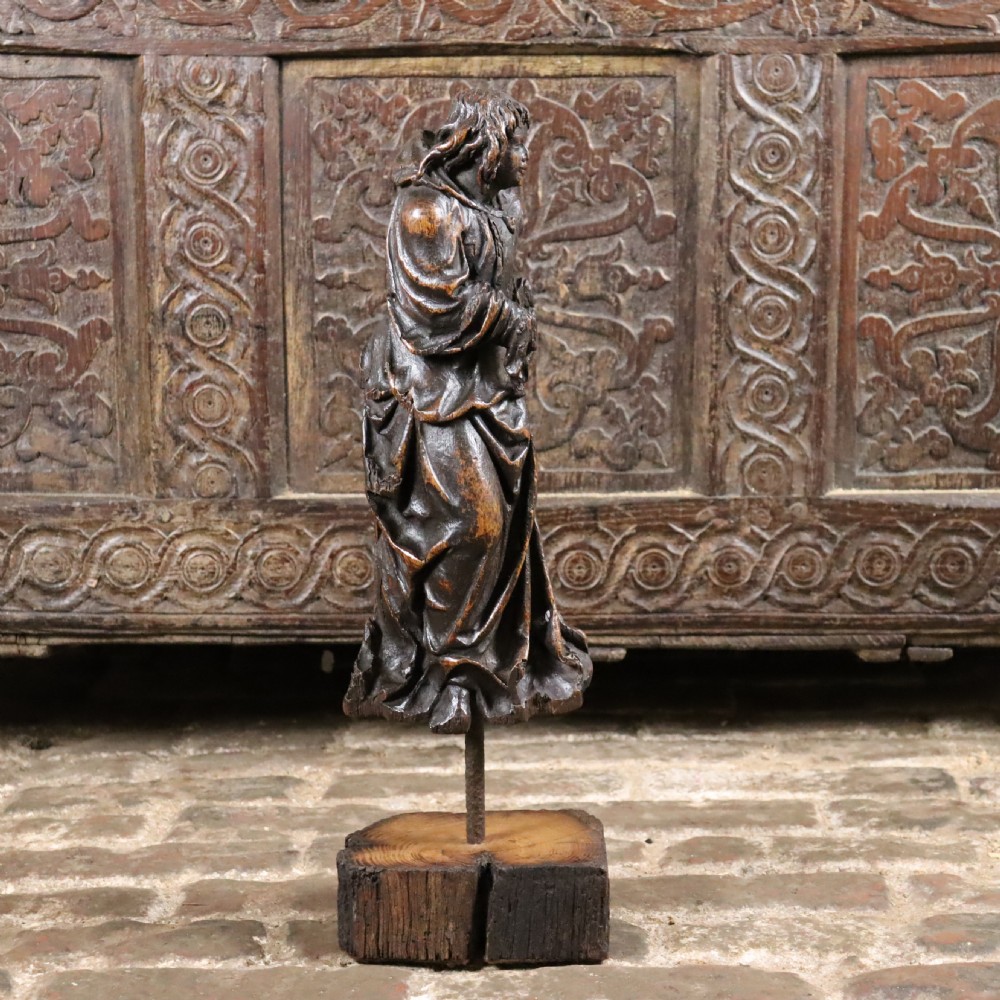 17th Century Carved Oak Figure in hooded cloak  View V
