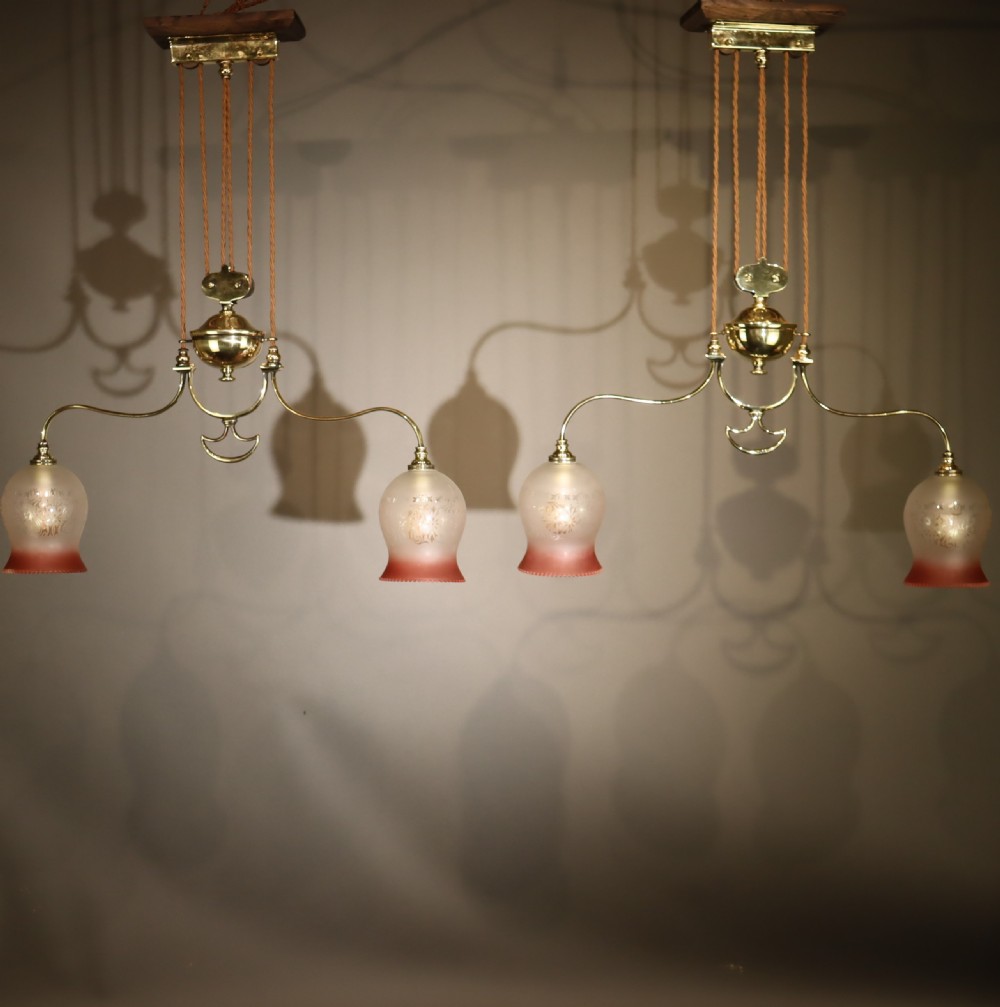 Pair of English Art Nouveau rise and fall lights. Circa 1900  View II