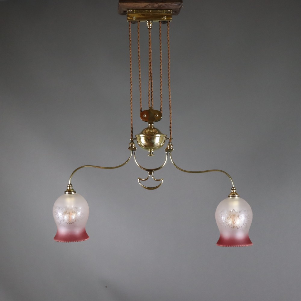 Pair of English Art Nouveau rise and fall lights. Circa 1900  View III