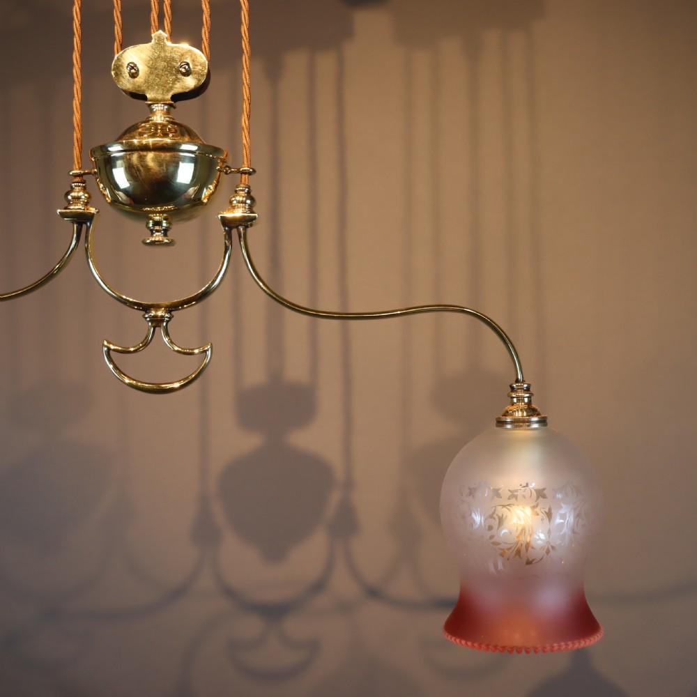 Pair of English Art Nouveau rise and fall lights. Circa 1900  View IV