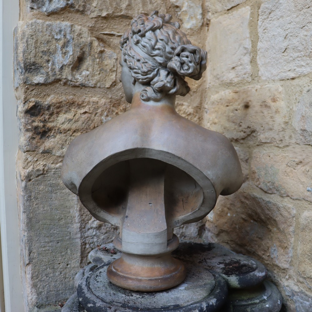 A 19th-century Italian patinated terracotta bust depicting the Venus de Medici set on a circular pedestal base. View III