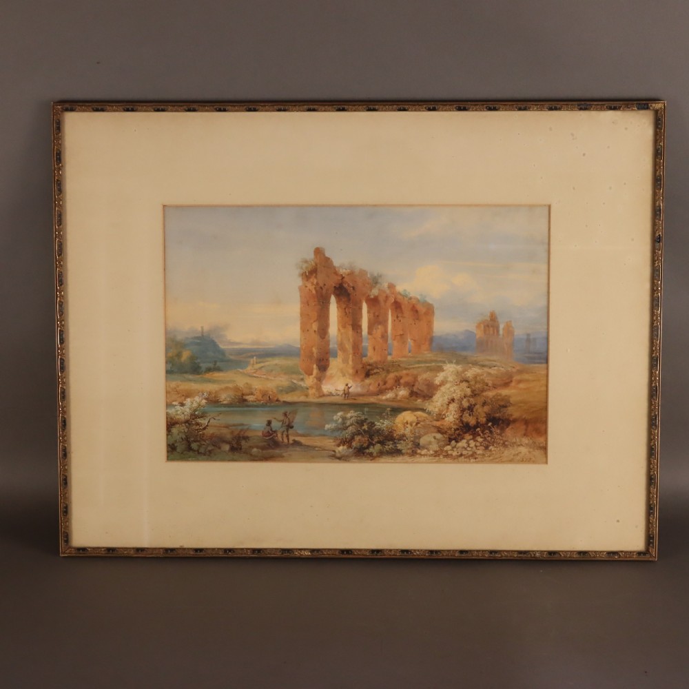 A framed 19th-century watercolour landscape by Franz Knebel depicting the brick ruins of the Aqueduct of Claudius in the Roman Campagna.