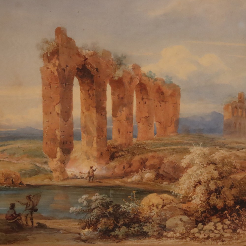 A framed 19th-century watercolour landscape by Franz Knebel depicting the brick ruins of the Aqueduct of Claudius in the Roman Campagna. View II