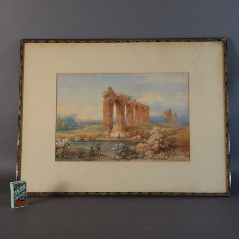 A framed 19th-century watercolour landscape by Franz Knebel depicting the brick ruins of the Aqueduct of Claudius in the Roman Campagna. View VII