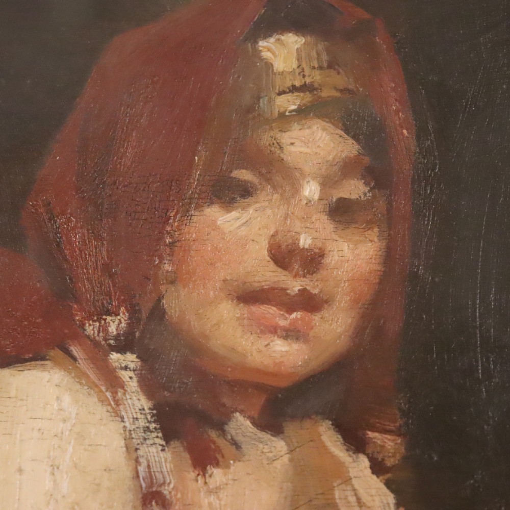 A framed antique oil painting depicting a seated female nude with a red head covering, presented in a light cream moulded wooden frame. View VI