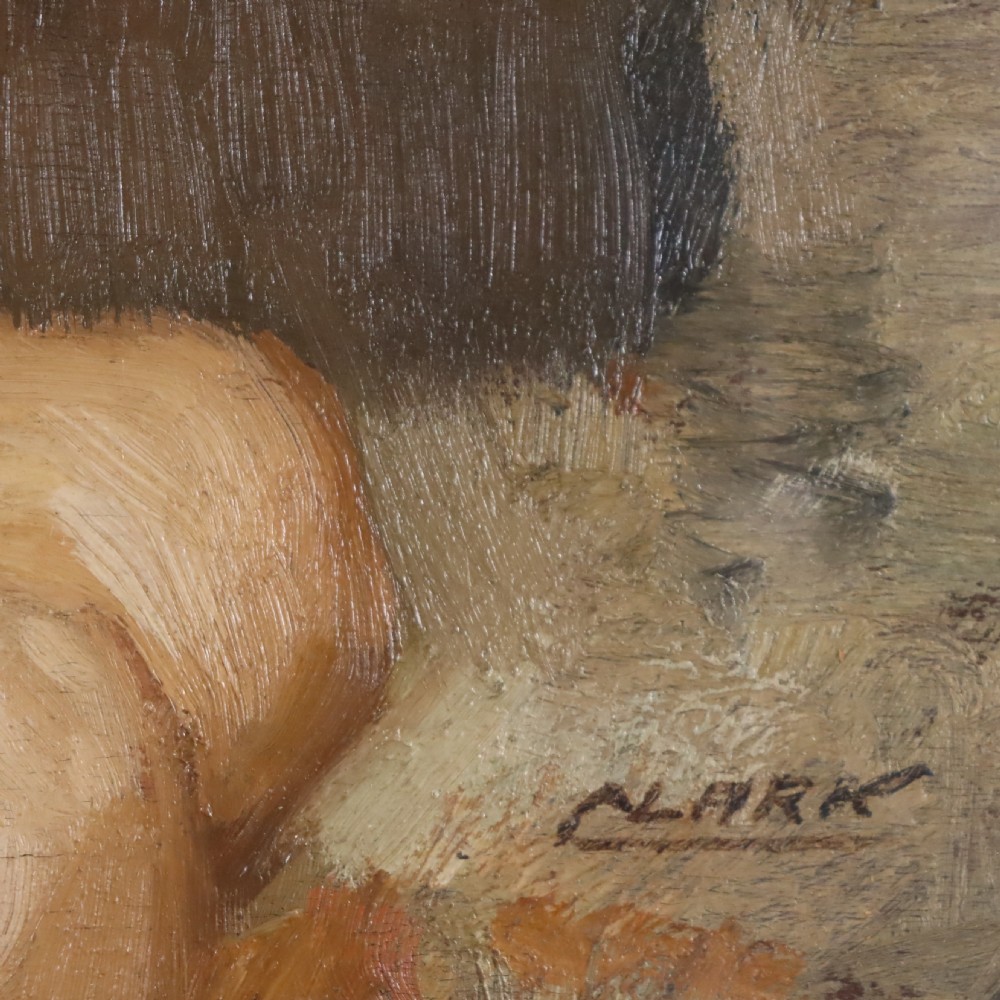 A framed antique oil painting depicting a seated female nude with a red head covering, presented in a light cream moulded wooden frame. View VII