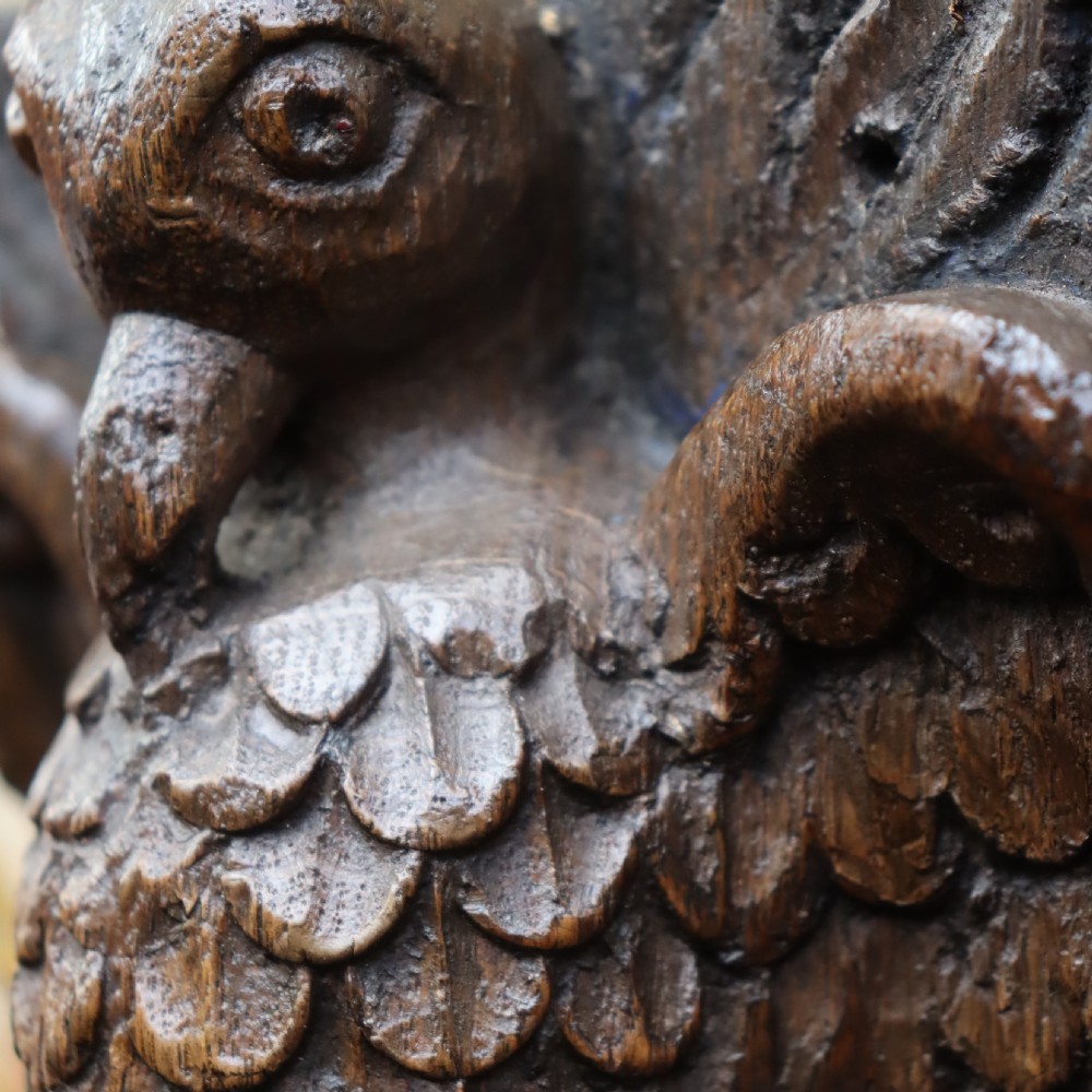 Rare English 17th Century religious oak carving of the Vulning Pelican View II