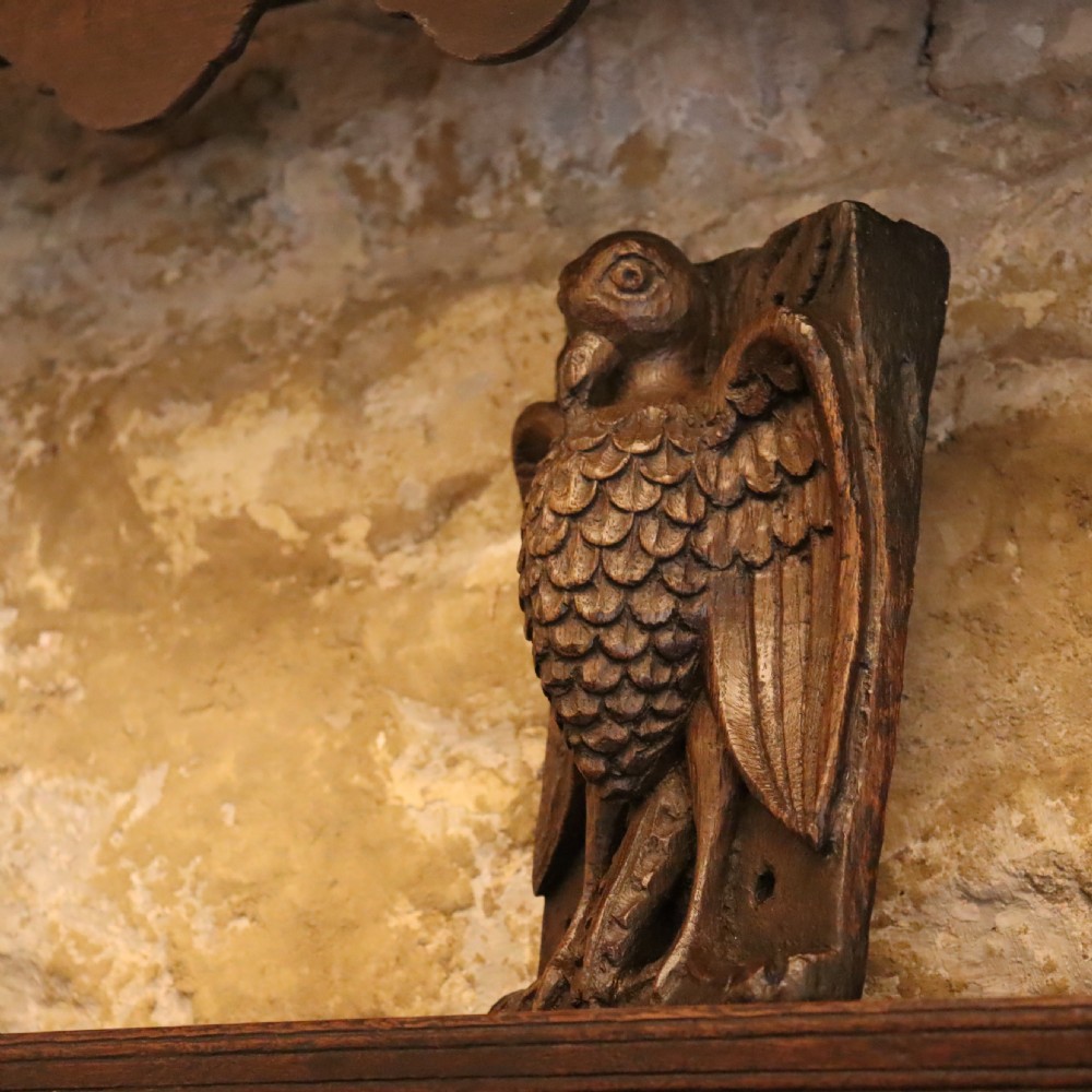 Rare English 17th Century religious oak carving of the Vulning Pelican View V