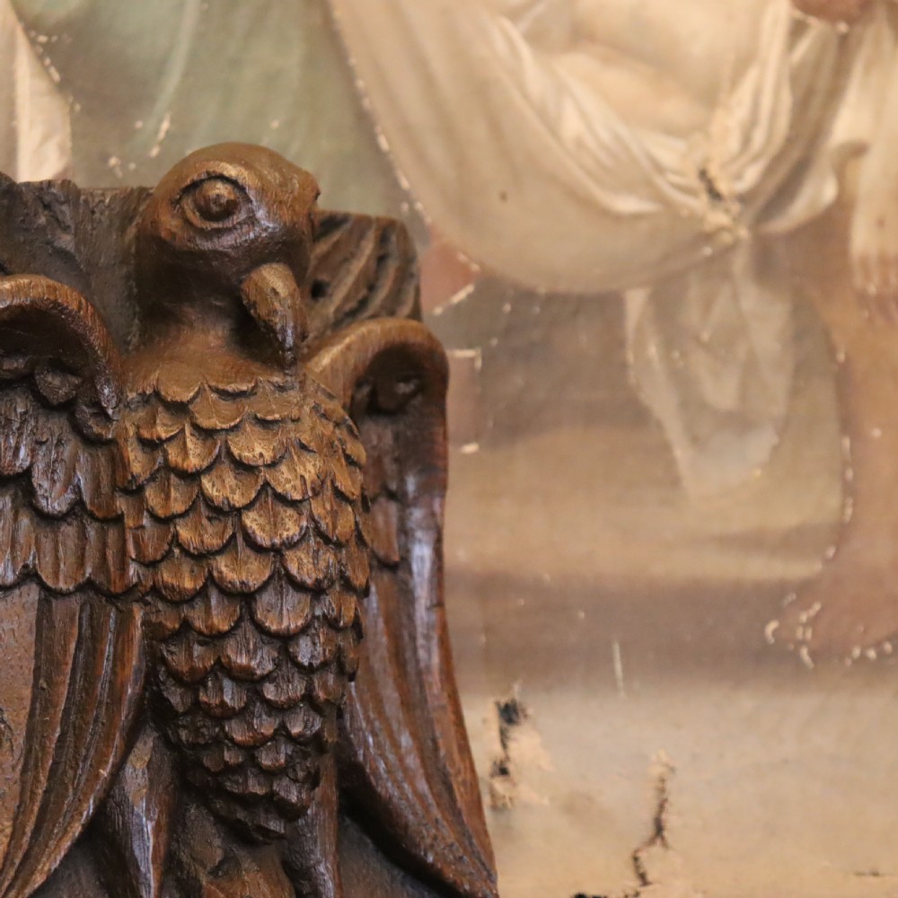 Rare English 17th Century religious oak carving of the Vulning Pelican View VI