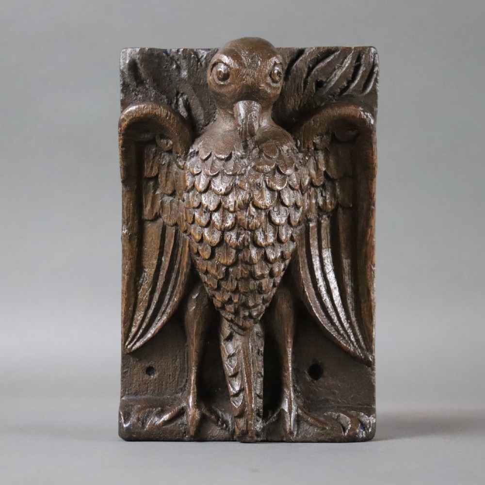 Rare English 17th Century religious oak carving of the Vulning Pelican